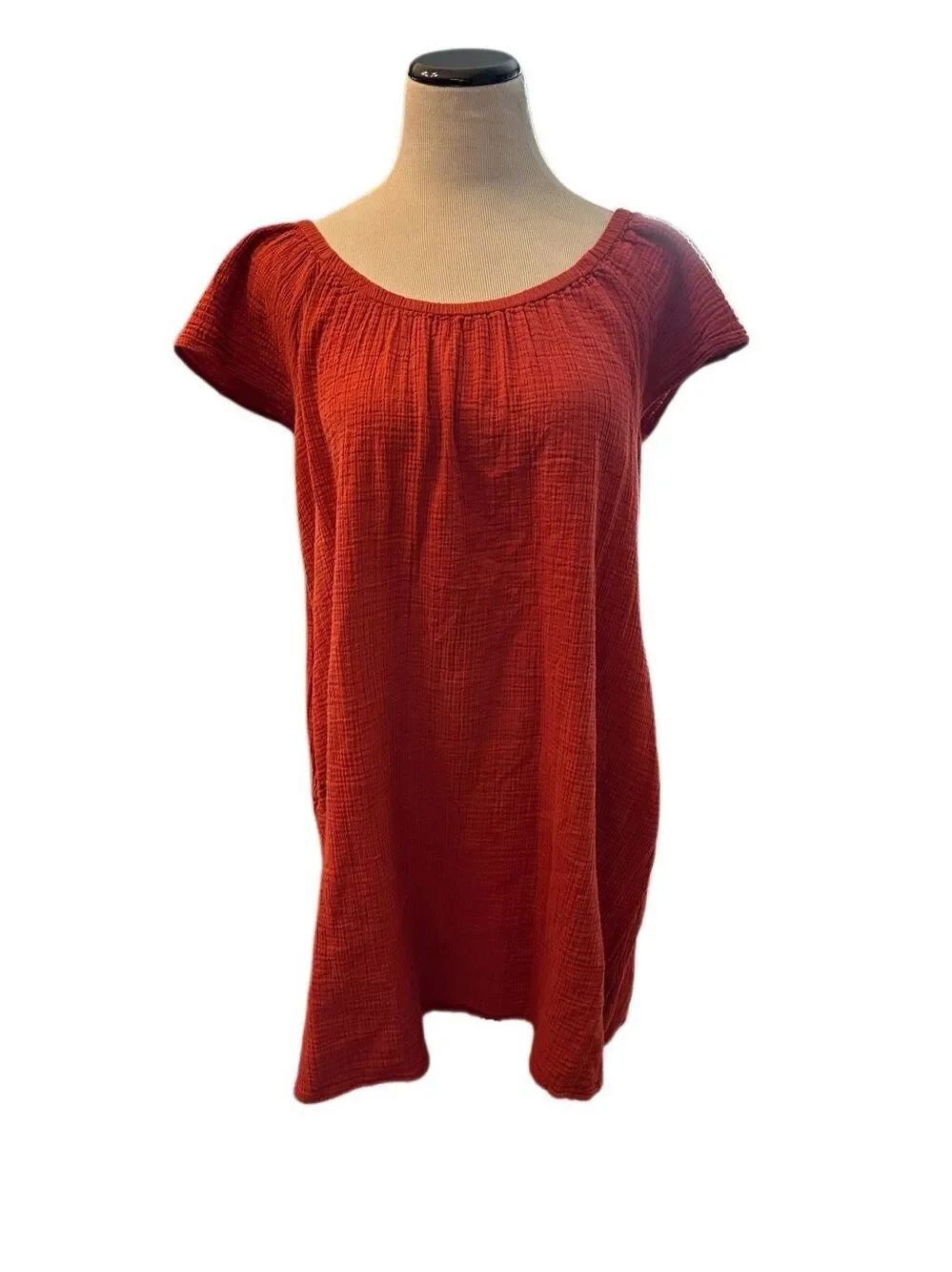New! Wonderly Brick Red Crinkle Gauze Cotton Dress Sz M